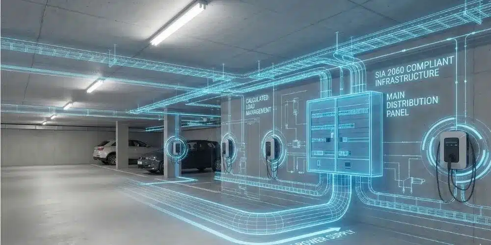 Étude de dimensionnement et conception des infrastructures de recharge (norme SIA 2060) : chemins de câbles et audit de puissance par le bureau d'ingénieurs impulse Sàrl.
