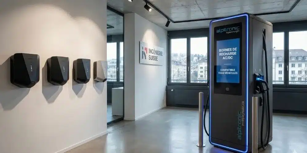 Sélection de bornes de recharge AC et chargeurs rapides DC pour véhicules électriques. Matériel compatible Zaptec, Easee et Alpitronic installé par impulse Sàrl.