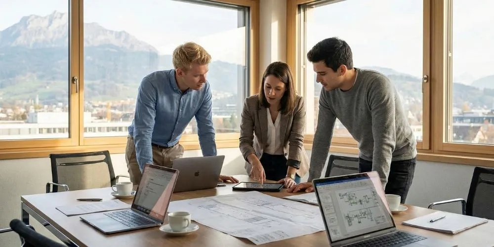 Élaboration de concepts énergétiques et analyse de plans électriques par l'équipe d'ingénieurs Impulse en Suisse Romande.