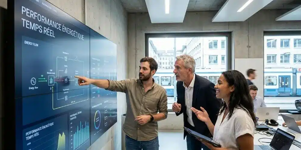 Démonstration d'un tableau de bord Smart Building par un ingénieur à une équipe mixte (senior et junior) dans un environnement technologique impulse Sàrl