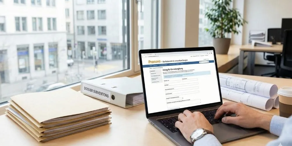 Gestion administrative de projet solaire : dossiers de subvention Pronovo et demandes d'autorisation de construire sur bureau d'ingénieur. impulse