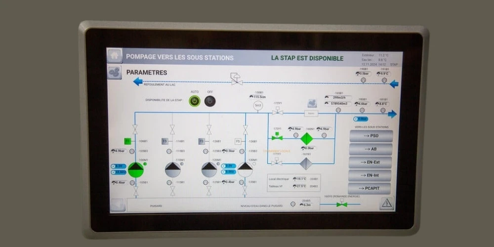 Interface tactile de supervision industrielle MCR pour la gestion des pompes et du processus hydraulique de la centrale à Morges - impulse Sàrl.