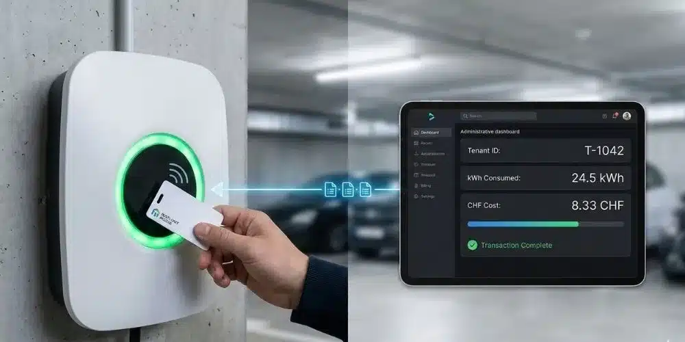 Solution de facturation individuelle et gestion des accès RFID pour bornes de recharge en copropriété (PPE) et immeubles locatifs en Suisse romande. Intégration par impulse Sàrl.