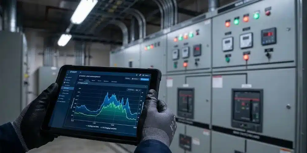 Système de gestion de charge dynamique (Load Management) pour optimiser la puissance disponible du bâtiment sans renforcement réseau. Supervision technique par impulse Sàrl.