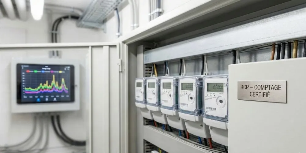 Tableau électrique avec compteurs intelligents pour la gestion d'un regroupement de consommation propre (RCP) et la facturation en Suisse. impulse