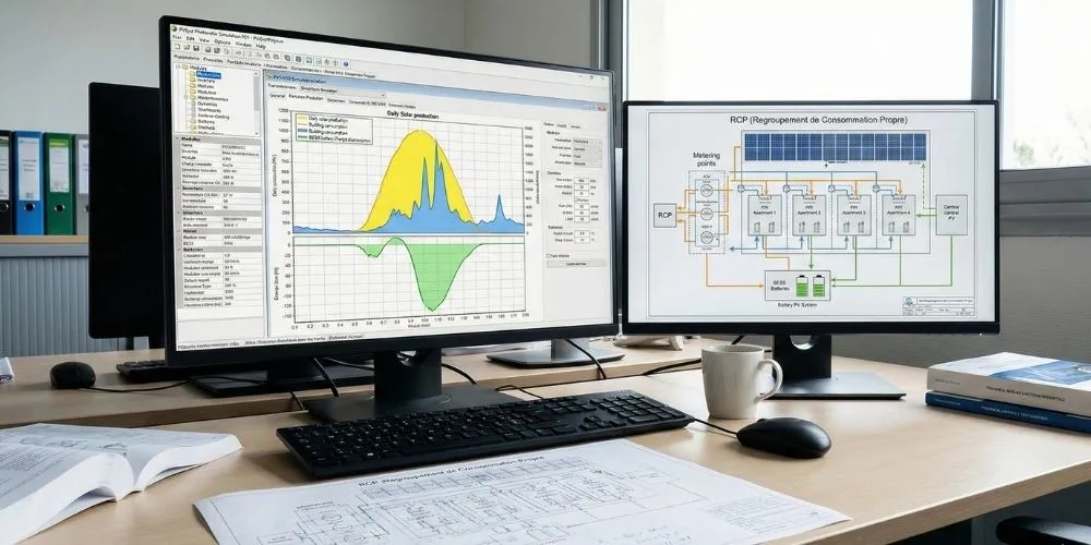 Étude d'ingénierie électrique sur double écran : simulation 3D et schéma de principe pour projet photovoltaïque, RCP et stockage BESS en Suisse. - impulse Sàrl