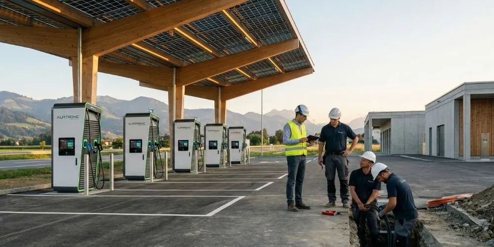 Réalisation impulse Sàrl : Hub de recharge rapide pour véhicules électriques et gestion de puissance en parking public.