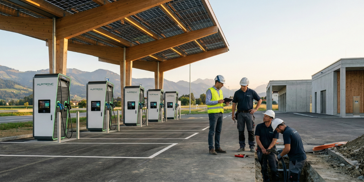Réalisation impulse Sàrl : Hub de recharge rapide pour véhicules électriques et gestion de puissance en parking public.