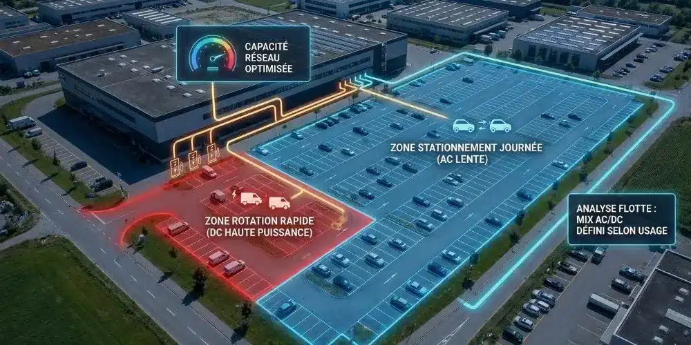 Plan stratégique pour électrification de flotte d'entreprise : analyse des flux et mix technologique (bornes AC vs chargeurs rapides DC) réalisé par impulse Sàrl.