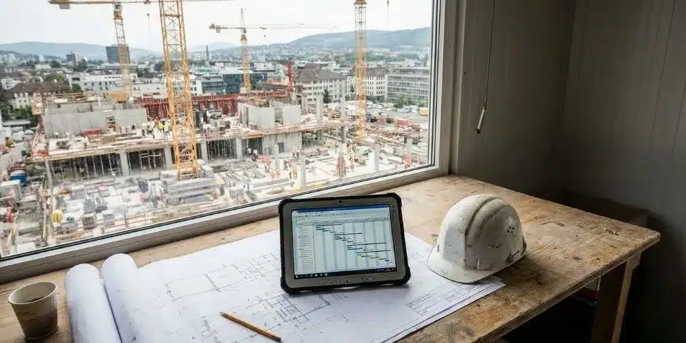 Vue d'ensemble d'un chantier complexe en Suisse avec plans architecturaux et planning de suivi au premier plan, illustrant la gestion stratégique AMO impulse Sàrl